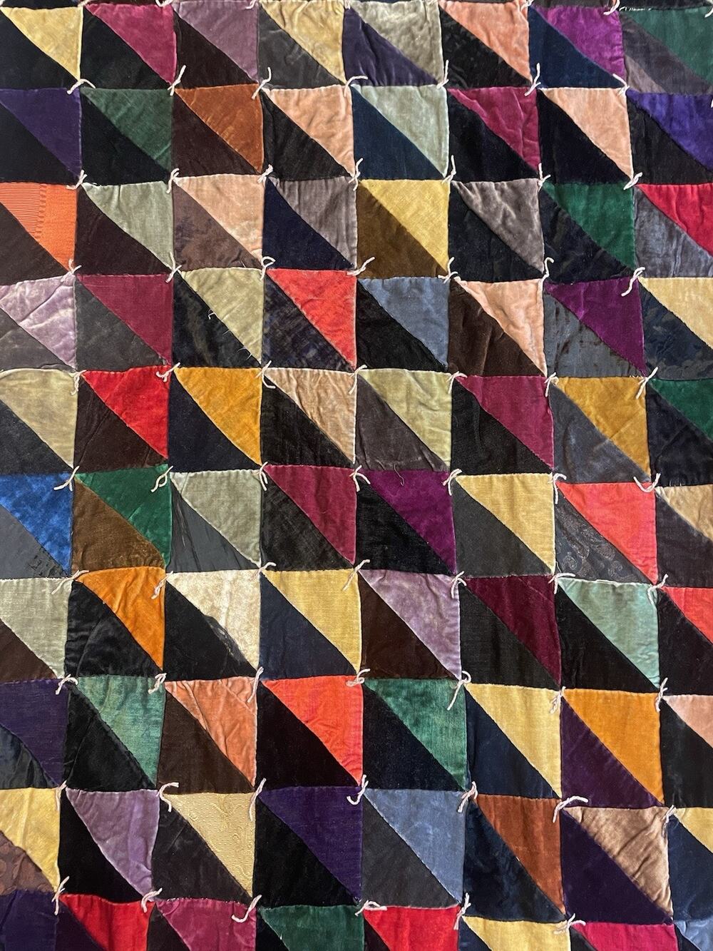 Vintage 70s Velvet Patchwork Hippie Boho Quilt Bedspread Blanket Full Sz 86”x82”